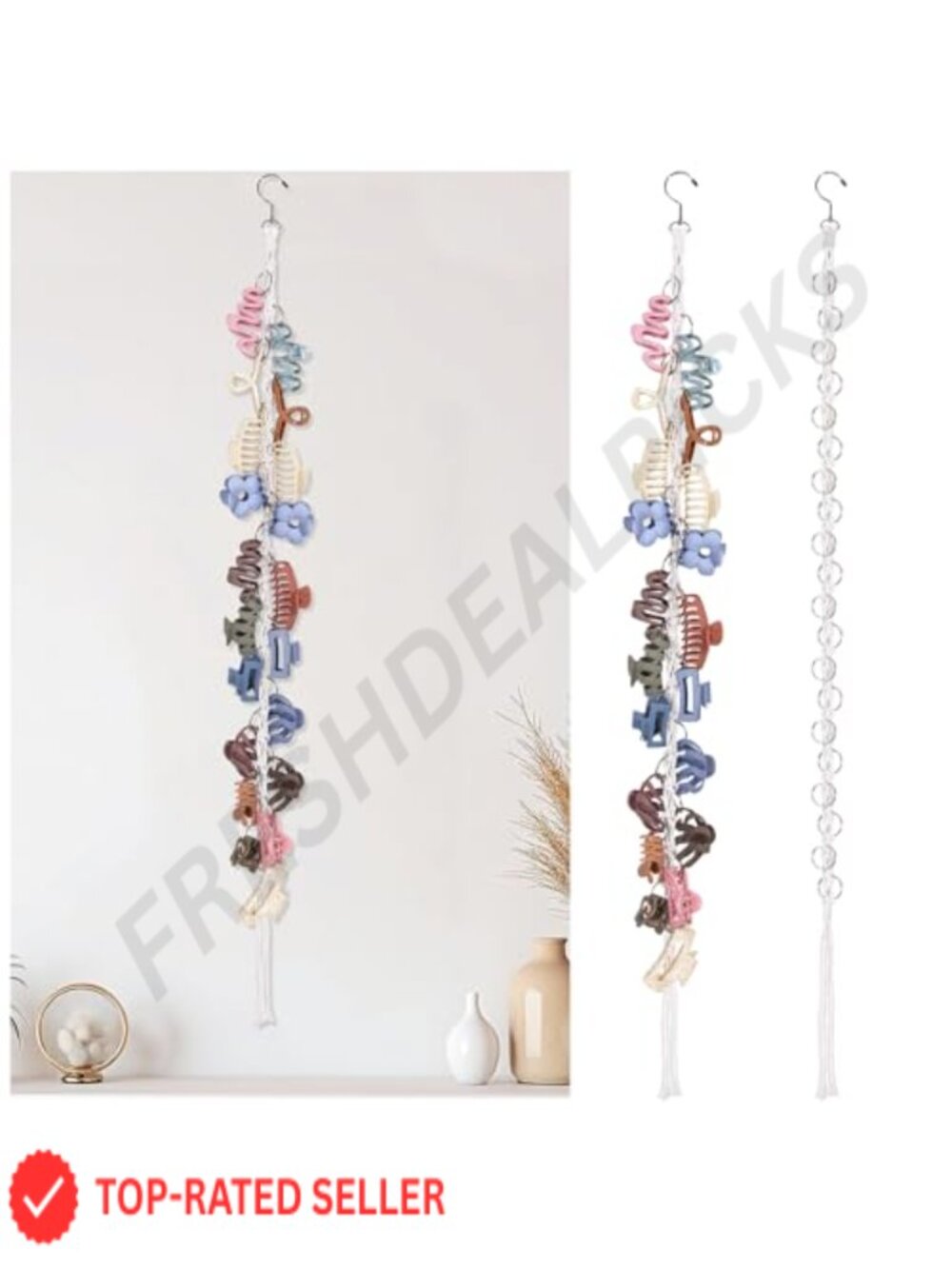 Macrame Hair Claw Clip Organizer Rotating Hook 20 Metal Rings Hanging Holder